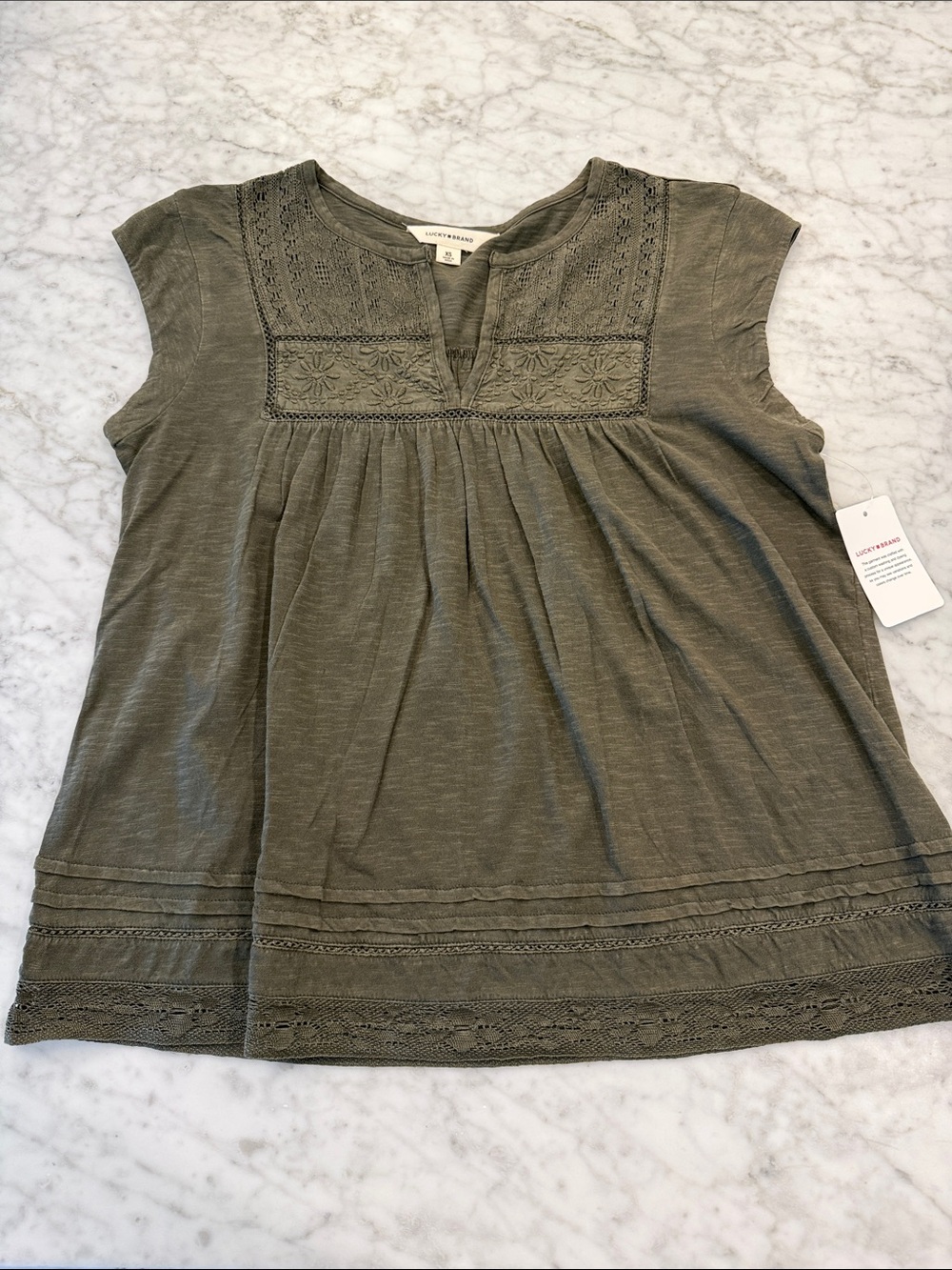 Lucky Brand Olive Crochet Yoke Boho Top